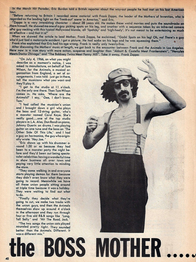 Frank Zappa, July 1967 Hit Parader magazine, chronicling his hiring by Tom Wilson to create arrangements for The Animals in 1966.